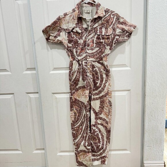 Free People Marci Printed Coverall Utility Jumpsuit, Ivory Multicolor, Xsmall Xs - Picture 3 of 11